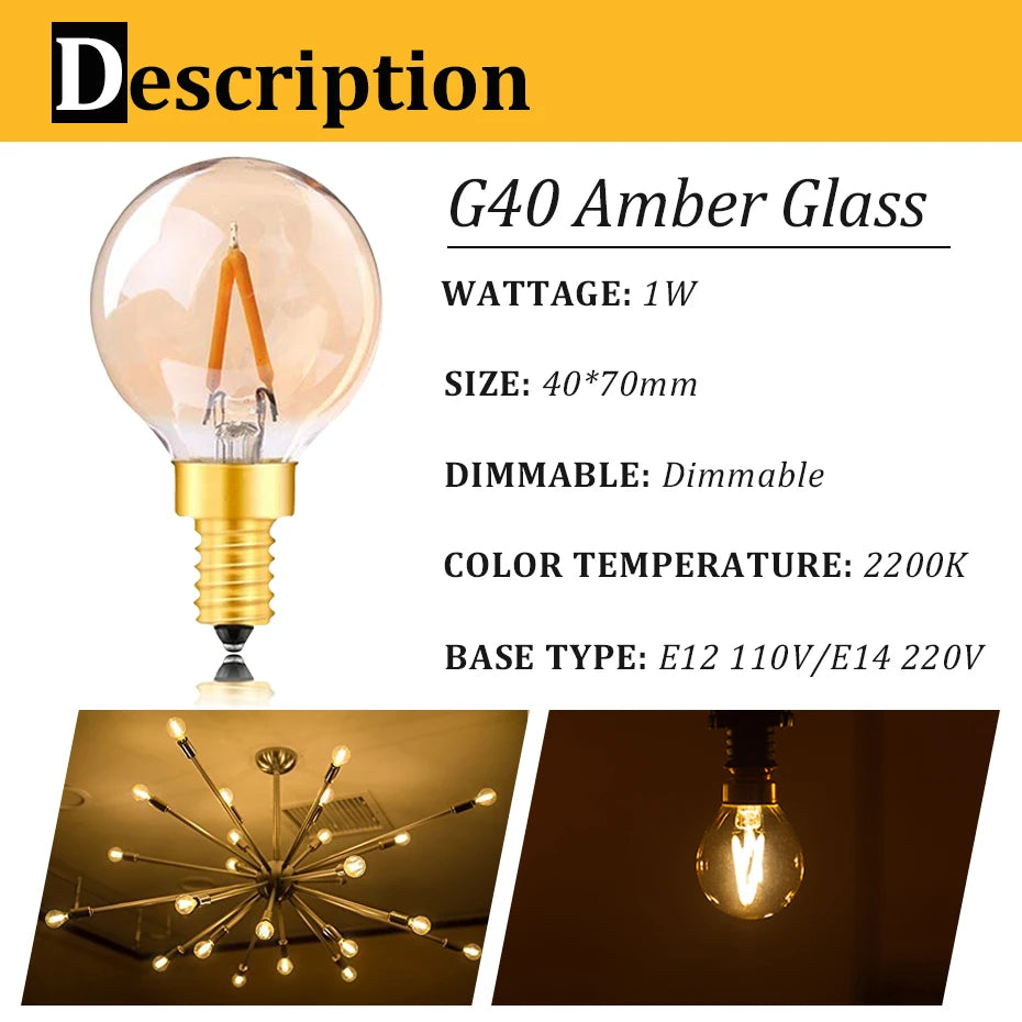 ampoules led vintage globe marron clair transparentes e12 220v 20000h 249 lumens 360°