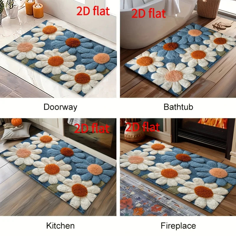 tapis moderne fleurs bleu blanc orange non glissant salon salle bain machine lavable