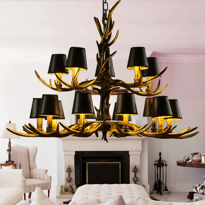 lustre rustique antlers or noir 10~15 lampes éclairage salon chambre vintage