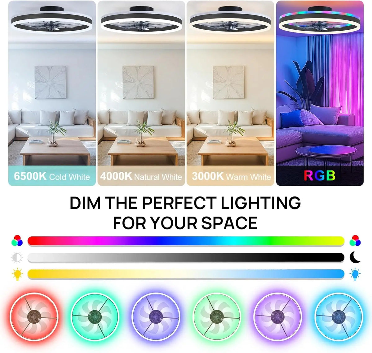 ventilateur intelligent led rvb vitesses ciel étoilé moderne télécommande app mobile