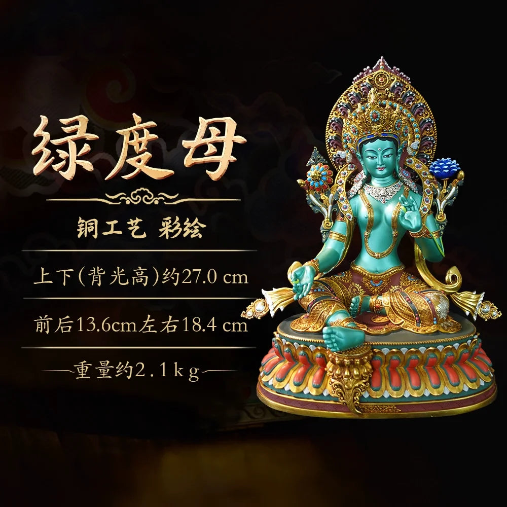 statue bouddhiste tara verte cuivre détails floraux motifs géométriques art tibétain doré