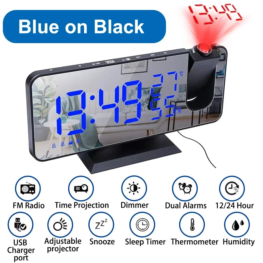 projecteur alarme radio thermomètre hygromètre réveil digital noir bleu moderne