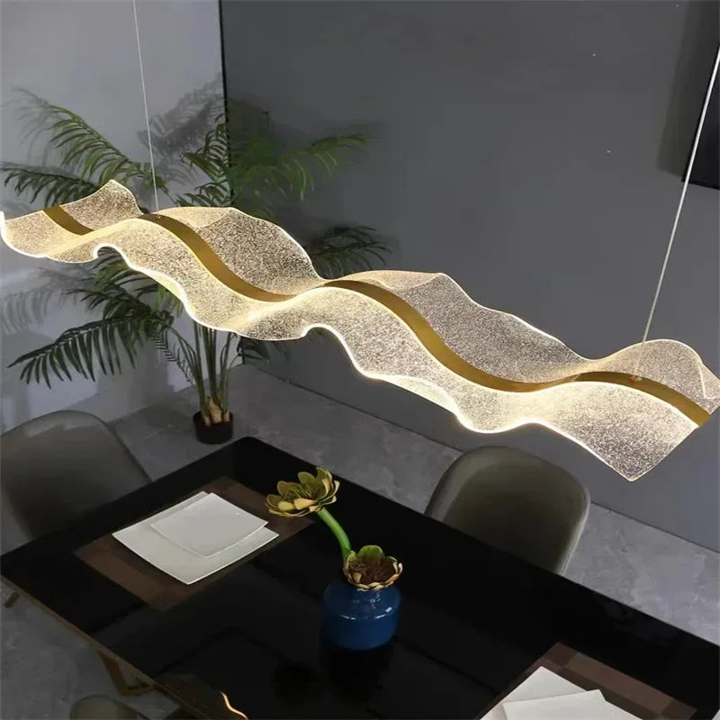 lampe suspendue moderne acrylique ondulée blanc doré intérieur led 100cm 120cm