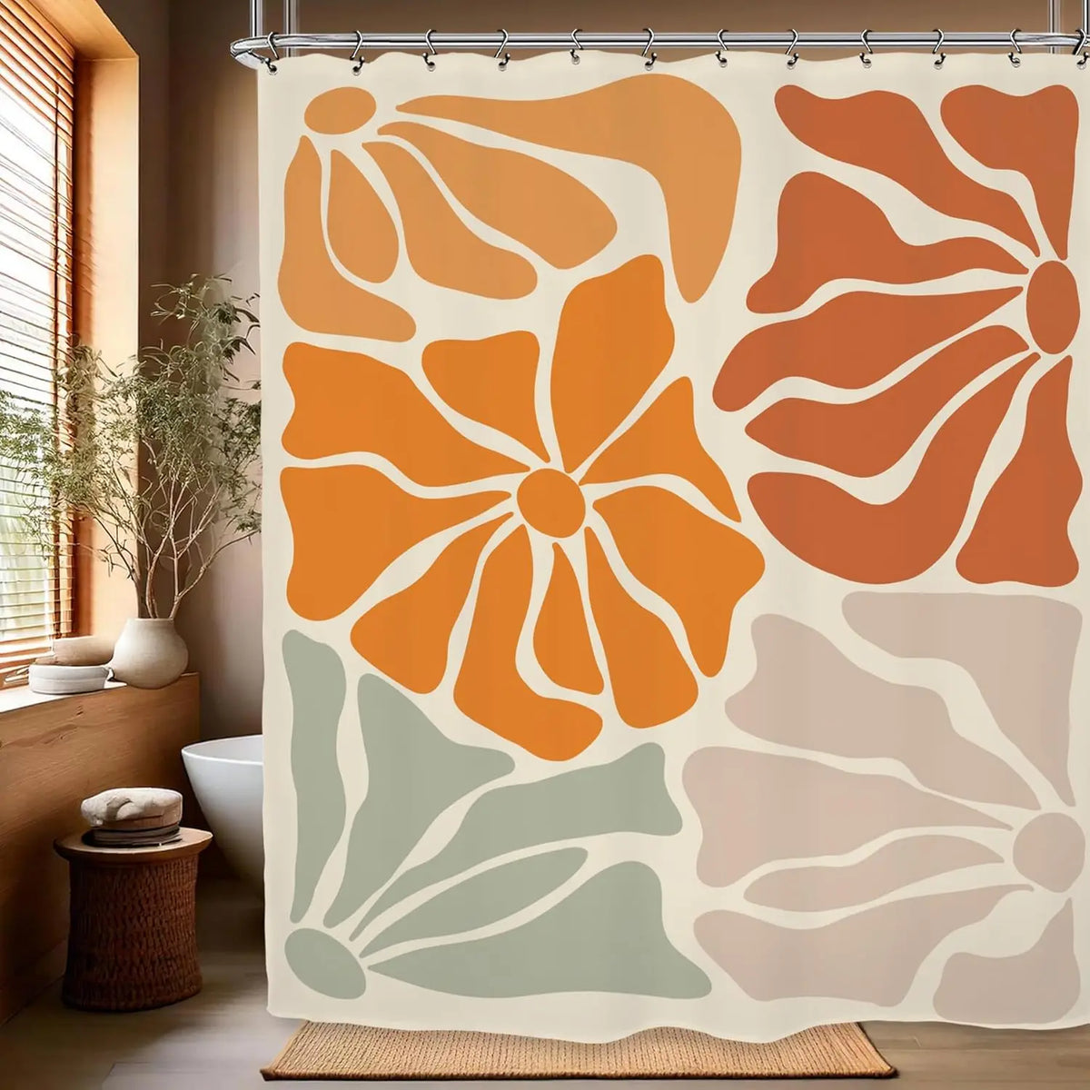 rideau douche floral géométrique orange rouille vintage 180x200cm polyester