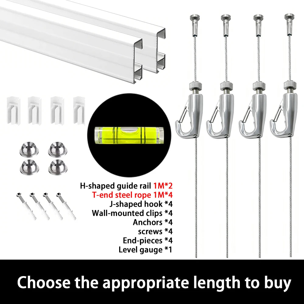 rails suspension tableau blanc moderne clips mural crochets formés câbles acier ancrages vis fixationsSuspension