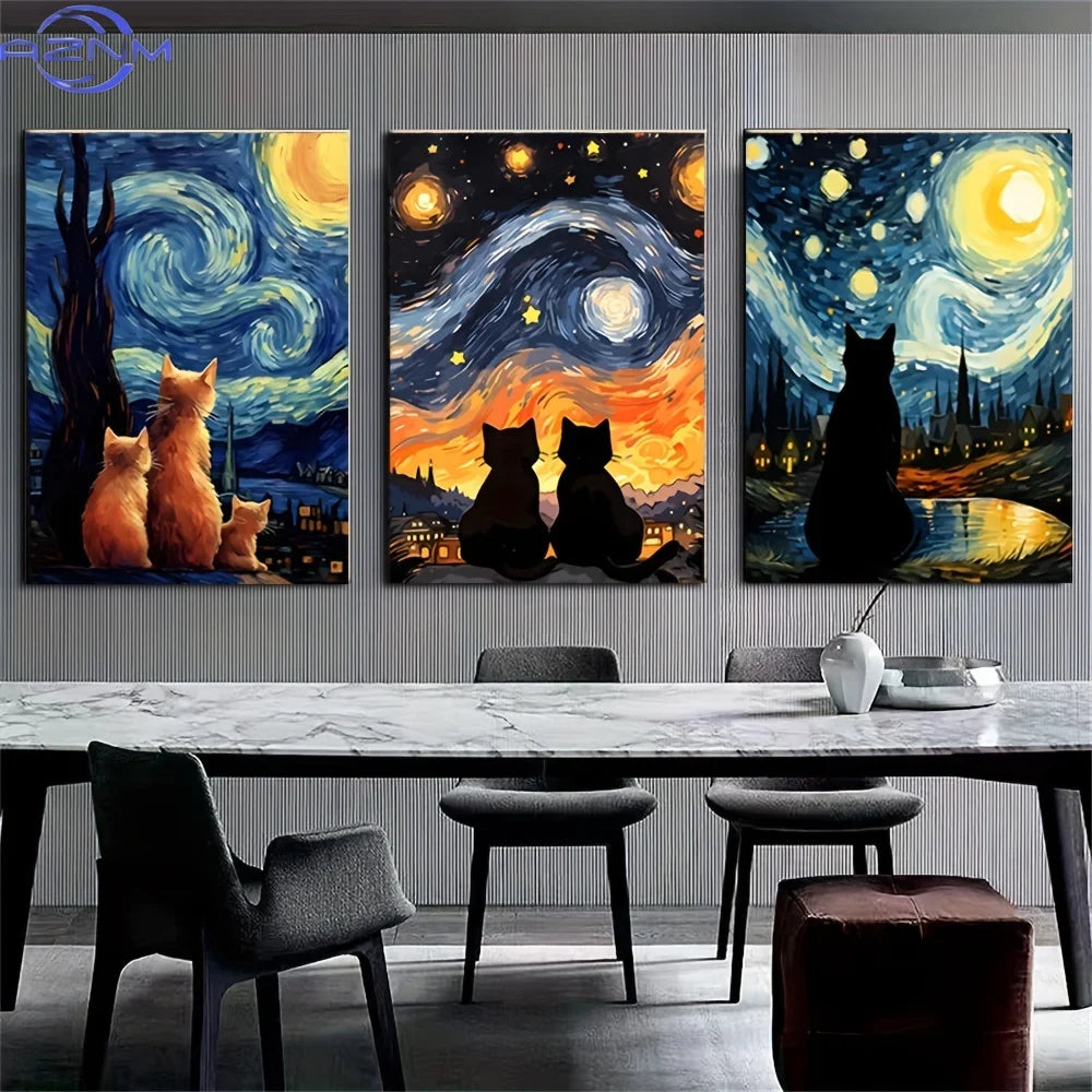 tableaux impressionnistes van gogh nuit étoilée chats multicolores décoration murale moderne abstraite carreaux sans