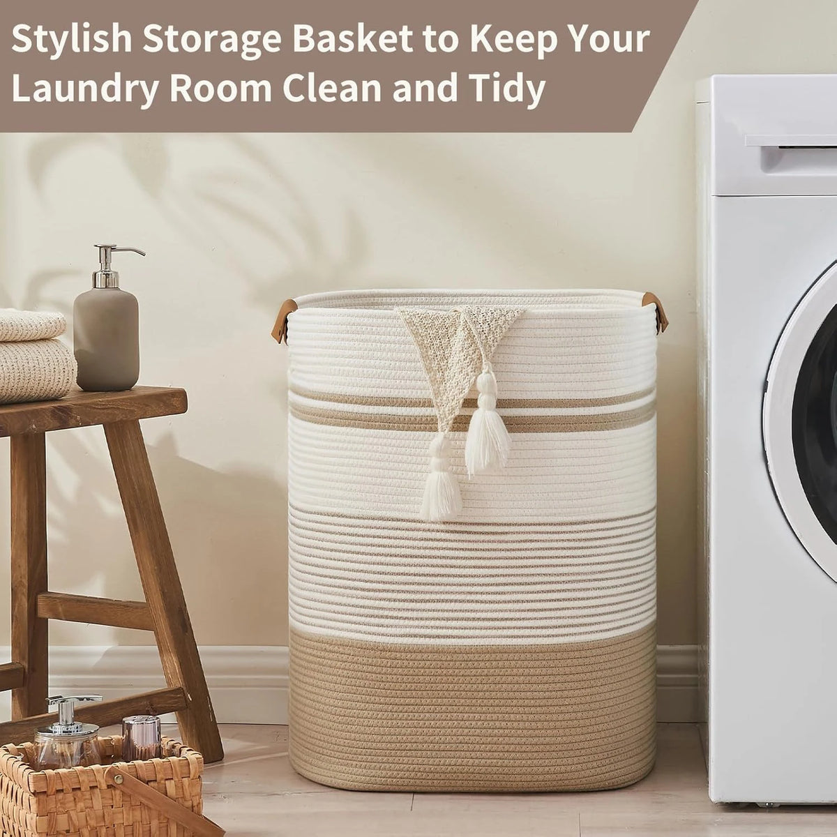 panier linge blanc rayures moderne poignées cuir tassel réutilisable polyester chambre salon