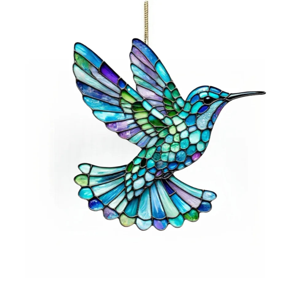 pendant oiseau suspendu vert jaune bleu artisanal tiffany motifs géométriques translucides chambre maison jardin