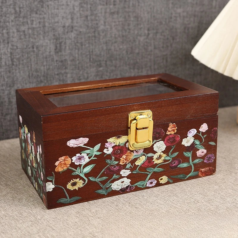 boîte bijoux bois fleurs colorées verre transparent classique poignée dorée 20x12x10cm portable domestique