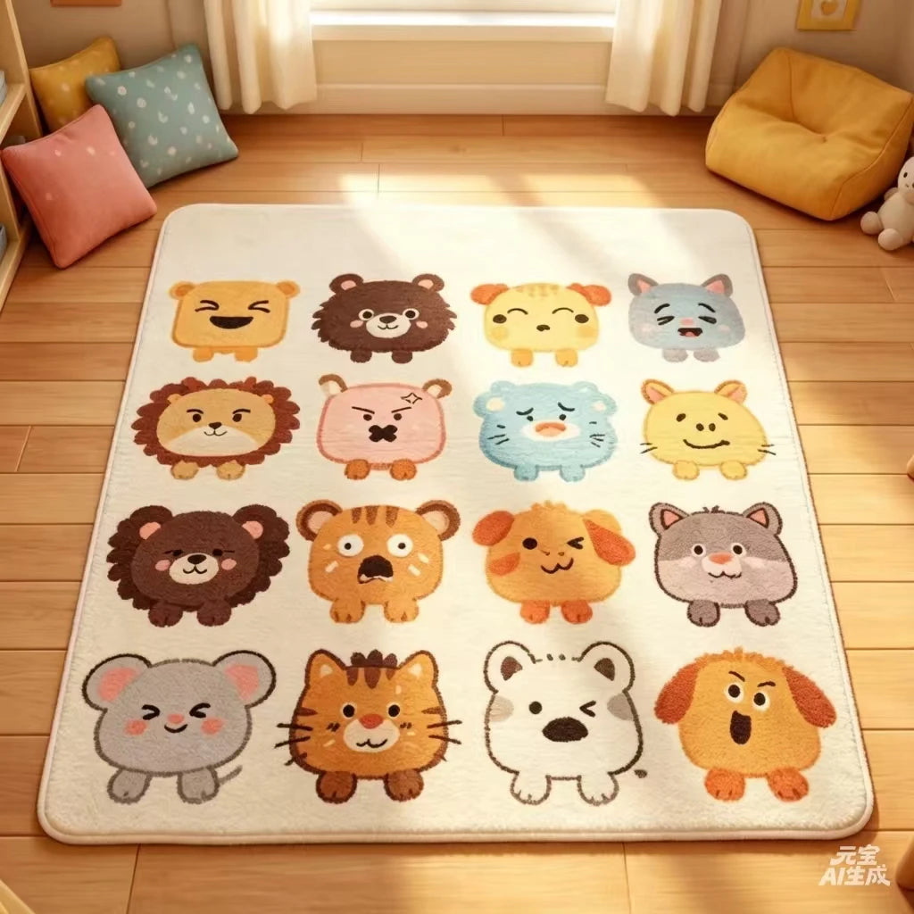 tapis enfant peluche doux motif animaux chambre salon décoration maison gris beige bleu orange