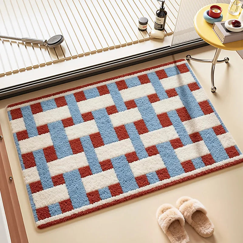 tapis bleu moderne carreaux géométriques résistant saleté imperméable entrée maison