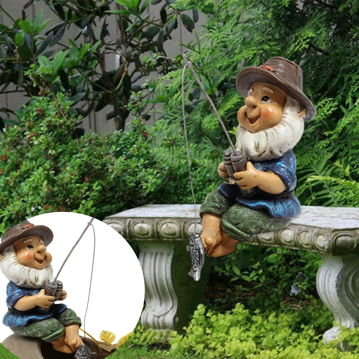 statue gnome pêcheur résine beige marron bleu vert gris argenté canne poisson décoration jardinextérieur