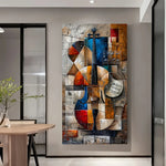 tableau abstrait moderne géométrique toile impression mur décoration maison salon bleu rouge beige noir