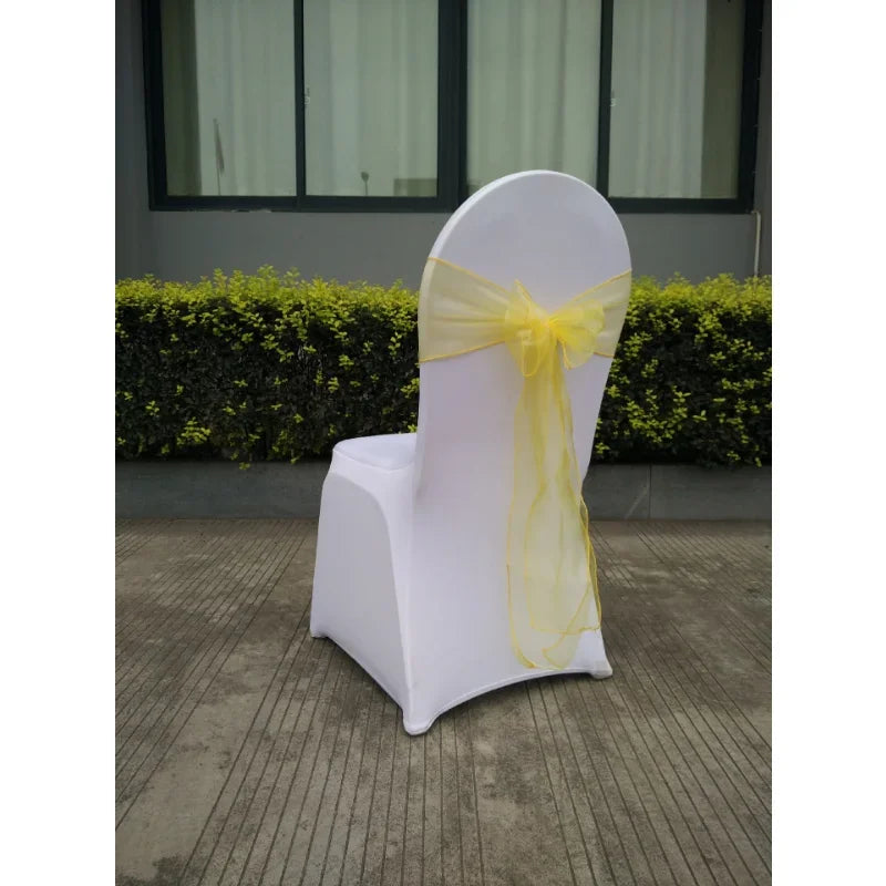 décoration événementielle mariage nœuds papillon rubans organza transparent orange bleu violet rose blanc sièges