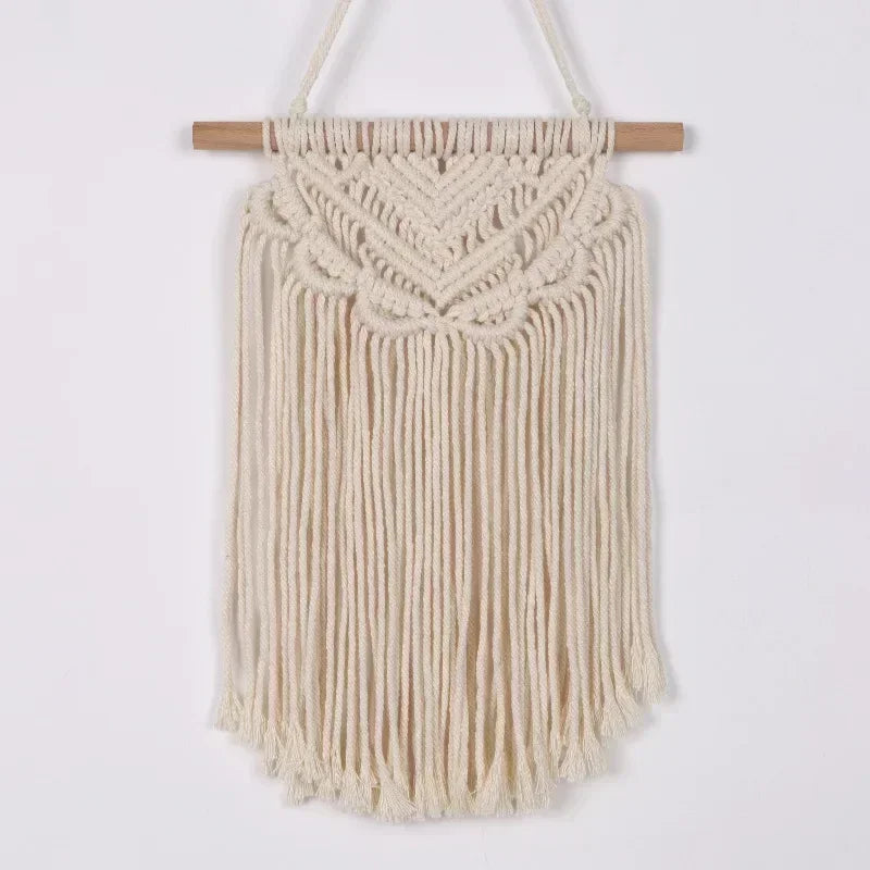 tapisserie macramé boho chic beige motifs géométriques franges moderne suspension maison
