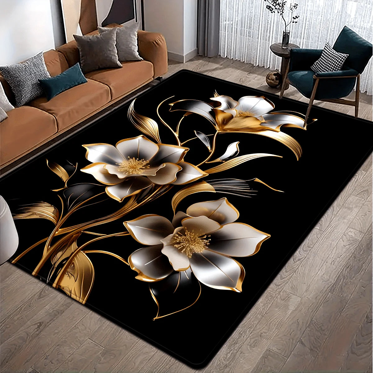 tapis moderne fleurs noires dorées salon chambre bain extérieur anti décoloration polyester PVCwasher machinewashable