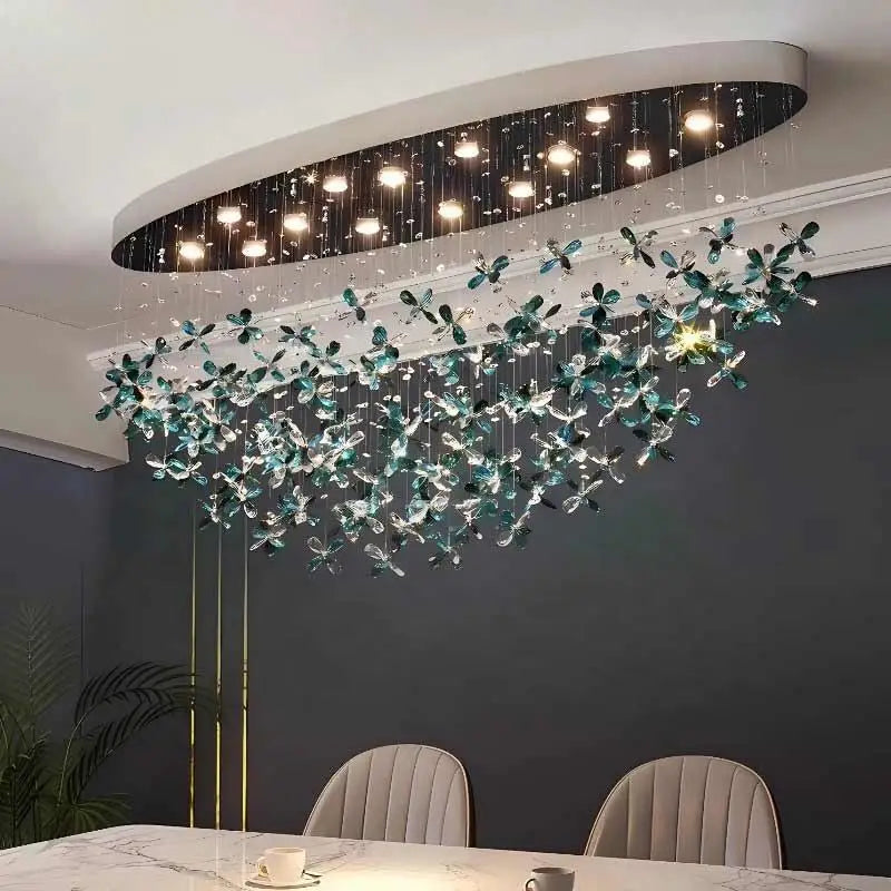 Suspension lumineuse moderne transparente fleurs papillon vert chambre salon restaurant