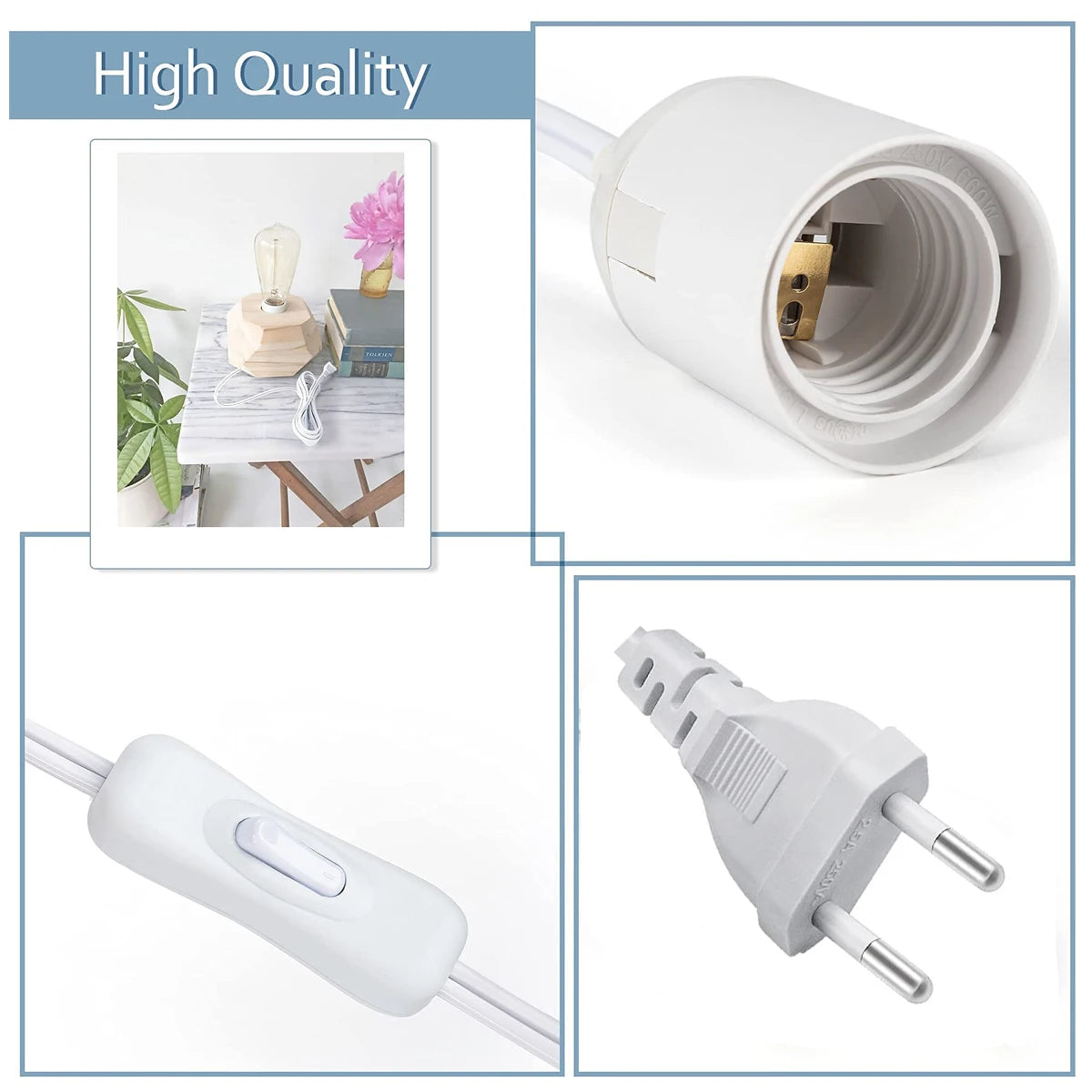 câble électrique blanc moderne prise interrupteur ampoule E27 lisse opaque 6m
