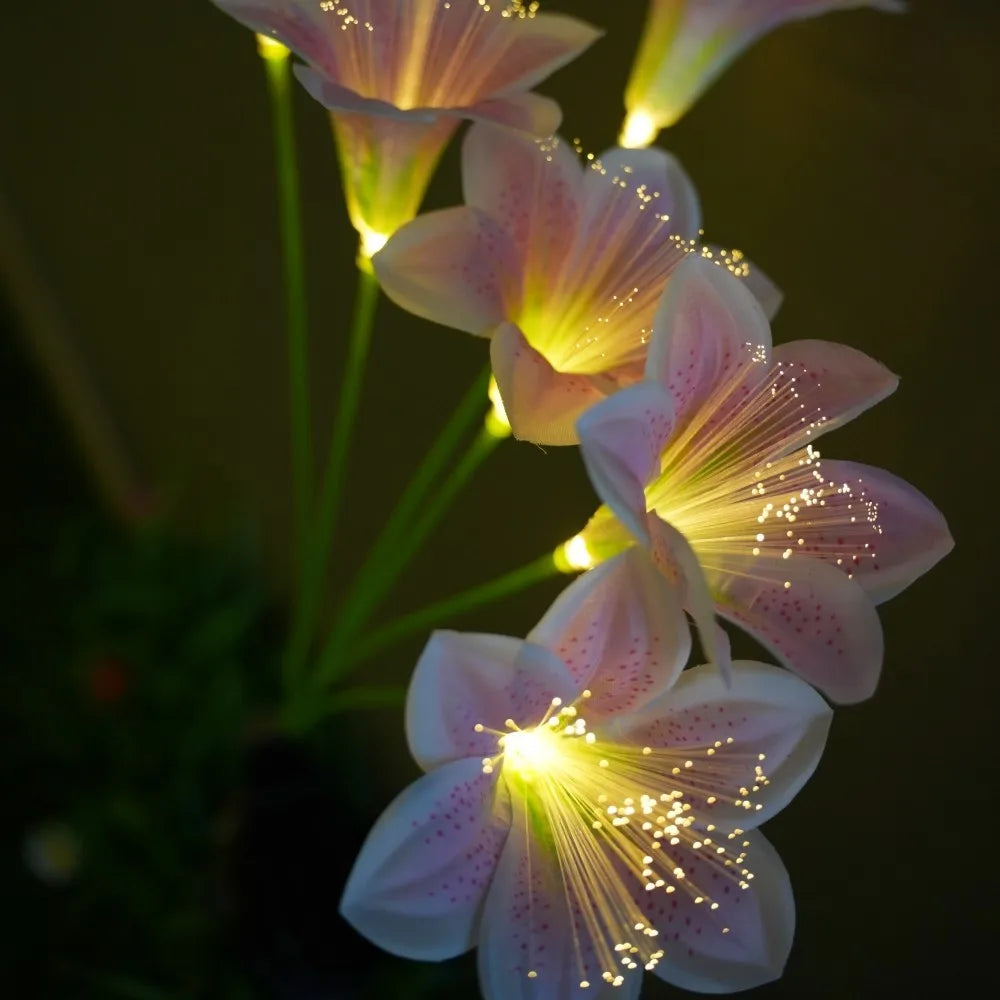 lampions solaires fleurs lys blanc jaune rose modernes extérieurs patio jardin piquet métallique led