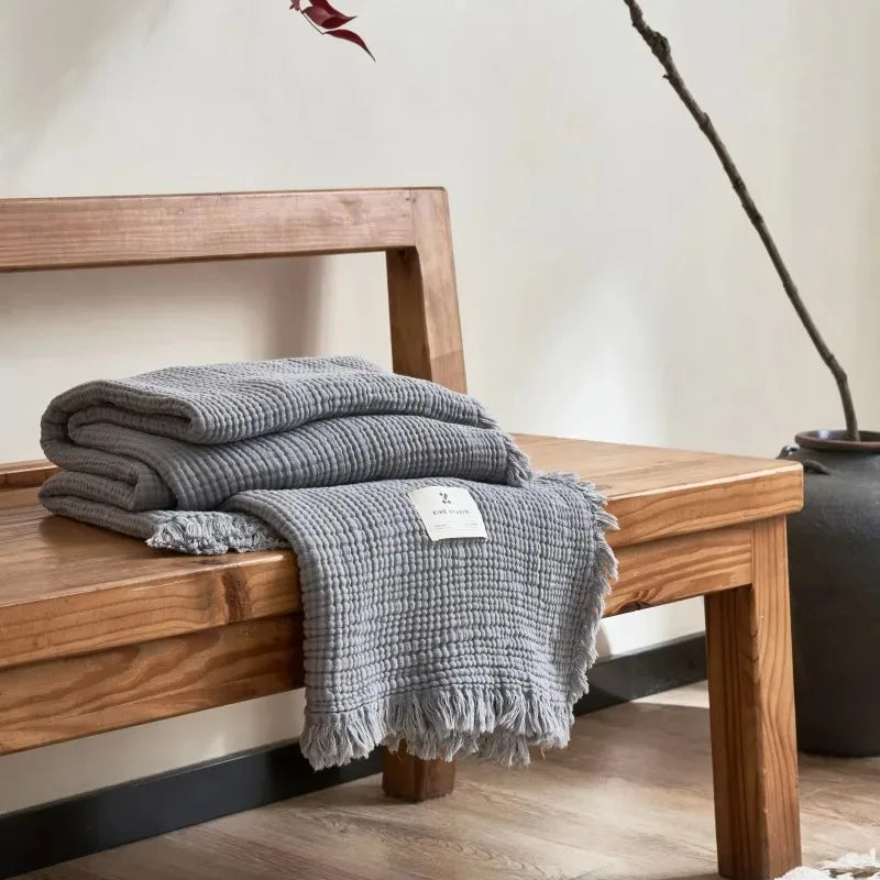 couverture coton gaufrée plaid rustique frangée chaleureuse voyage été hospitalière maison