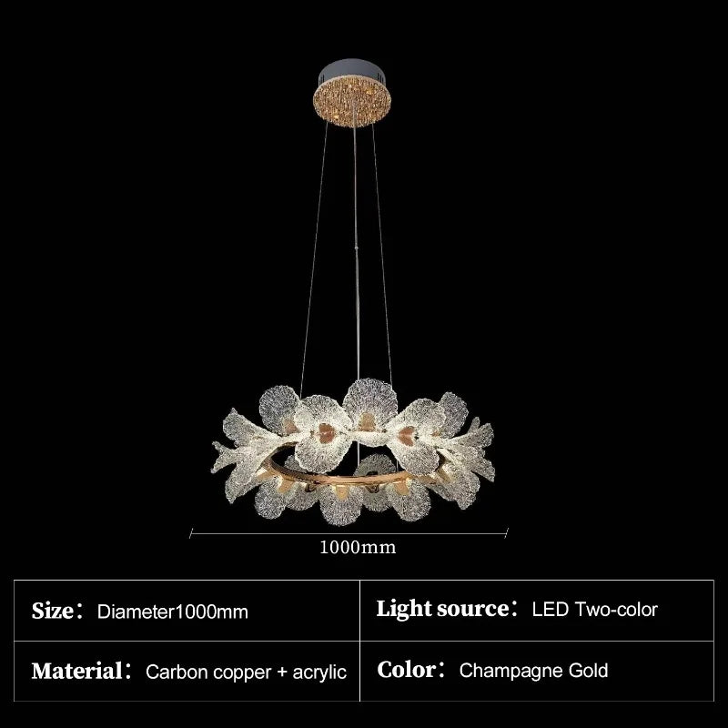 Suspension lumineuse cristal blanc doré fleurs relief moderne élégante chambre salon