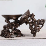 support bois sculpté théière tasse figurine bébé bol décor maison artisanal rustique