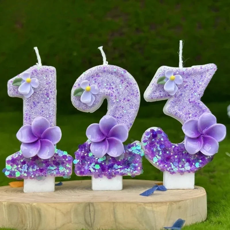 bougies chiffres violets fleurs anniversaire décoratives sans flamme enfants gâteau paillettes numérotation festive