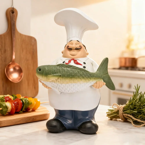 statue cuisine chef cartoon poisson tablier chapeau blanc bleu vert brun details humoristique résine