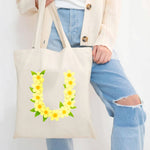 sac main toile beige imprimé floral jaune feuilles respectueux environnement poignées amovibles tridimensionnel multi