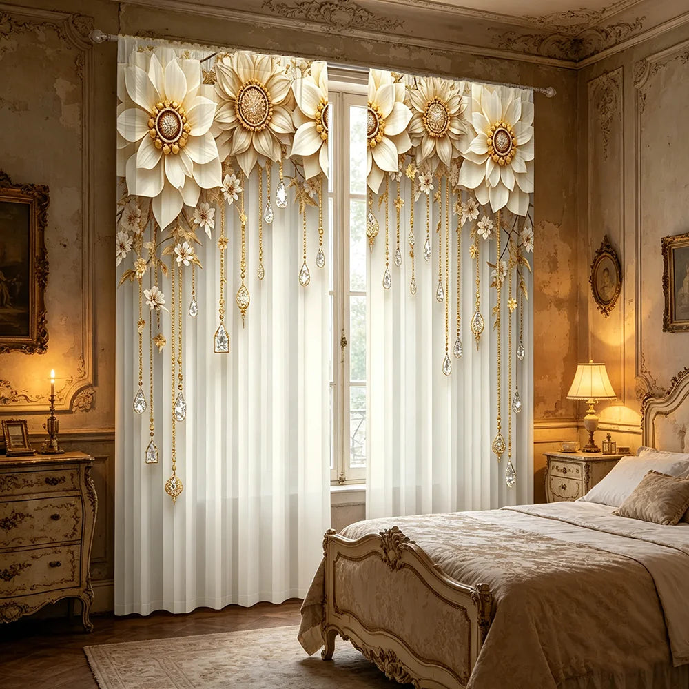 rideau blanc doré fleurs imprimées suspendues classique élégant opaque anneaux métalliques maison