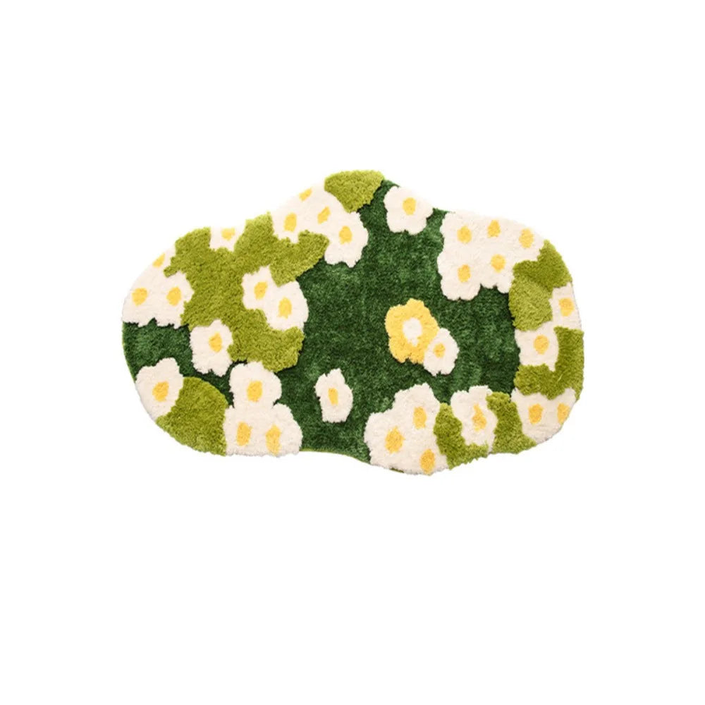 tapis bain pelucheux motif fleurs vert blanc jaune doux salle bain maison