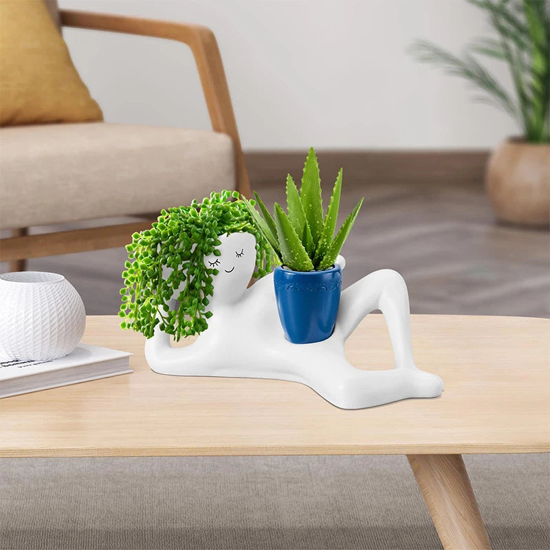 pots fleurs décoratifs blanc bleu foncé succulentes visage stylé modernes minimalistesintérieur