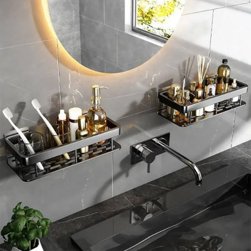 étagères salle bain noires modernes fixées mur alliage d'aluminium visibles