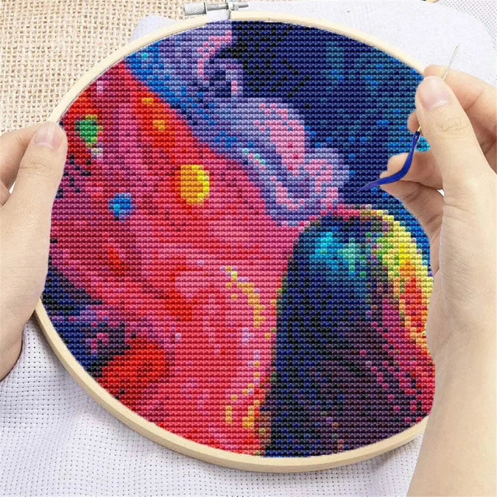 kit broderie toile imprimée portrait astral nuages planètes aiguilles fil instructions coton contemporain