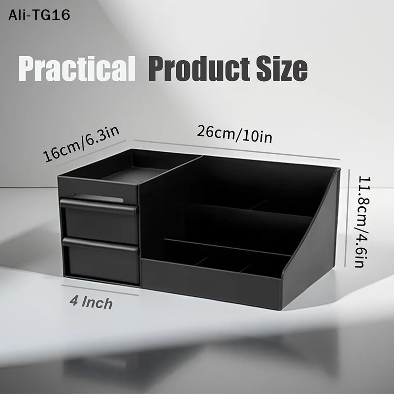organisateur rangement homme compartiments tiroirs noir doré bouteilles crème rasoir montre bougies cotons moderne