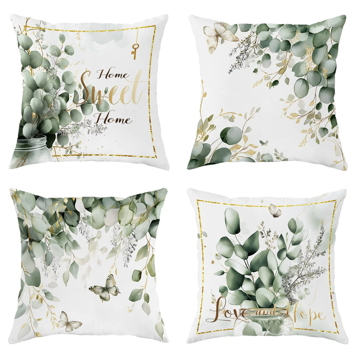 coussin blanc feuilles eucalyptus papillons texte sweet love hope zipper 45x45cm