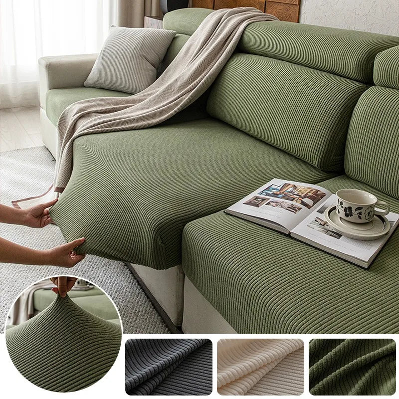 housse canapé moderne rayées vert olive gris beige clair anti poussière lavable adaptable