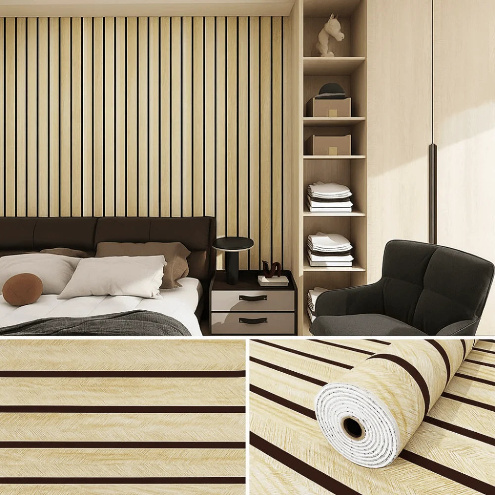 papier peint autoadhésif moderne rayures horizontales beige noir 40cm large 10m rouleau