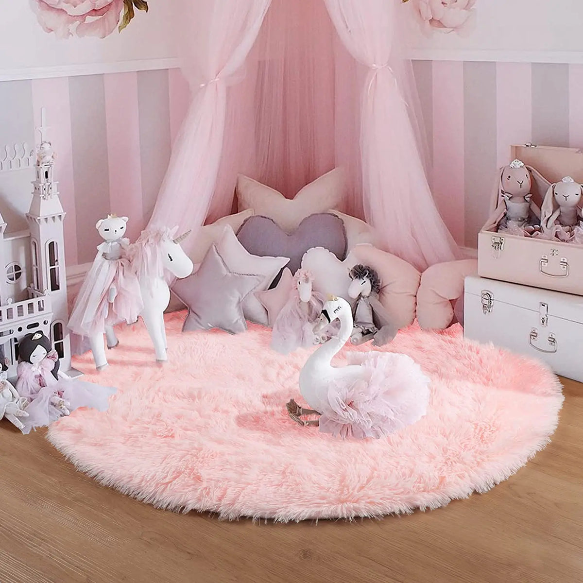 tapis rond pelucheux rose moderne chambre enfants 100cm 120cm 140cm 160cm