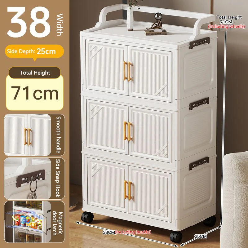 meuble rangement pliable blanc roulettes portes poignées dorées vêtements
