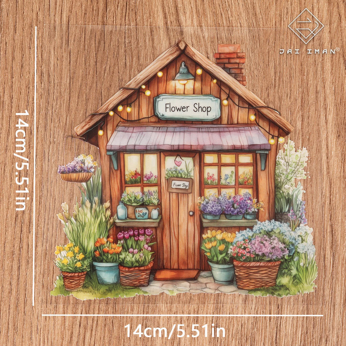 autocollants muraux motifs maisons fleurs détaillés couleurs marron bleu vert rose jaune violets opaquesscrição