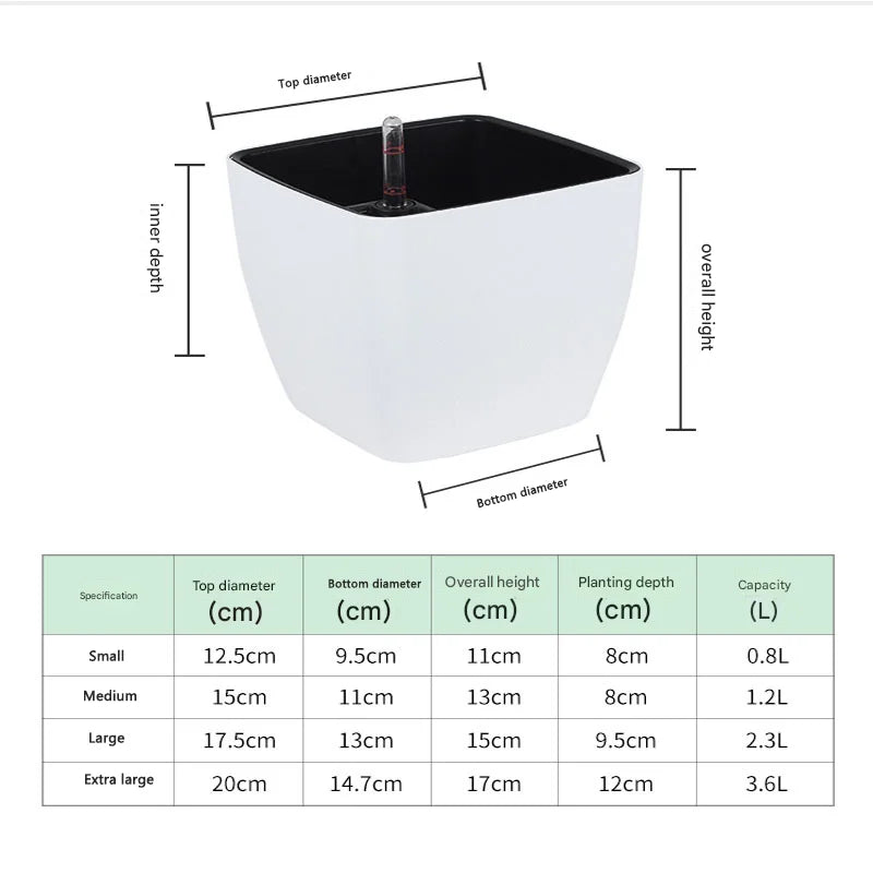 pots auto arrosants indicateur niveau eau moderne plante verte intérieur blanc bleu clair contemporain