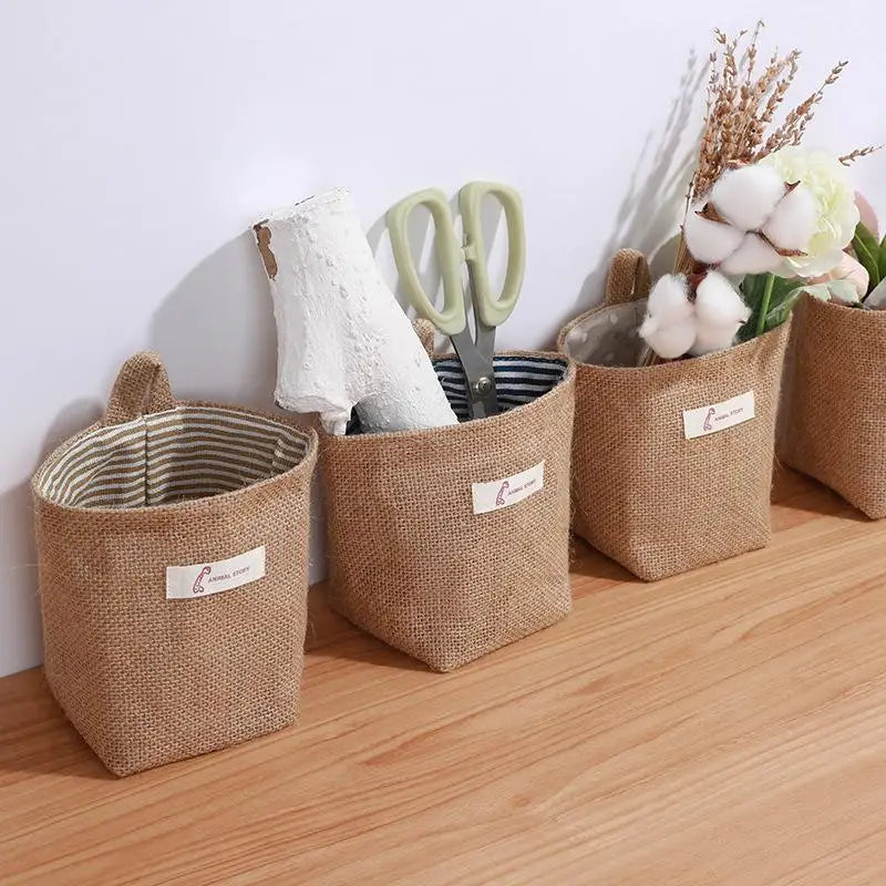 sac rangement toile jute pois blancs rayures boho chic beige bleu marine blanc rustique