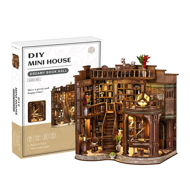 miniature bibliothèque bois vintage livres vases fleur lampe fauteuil escalier