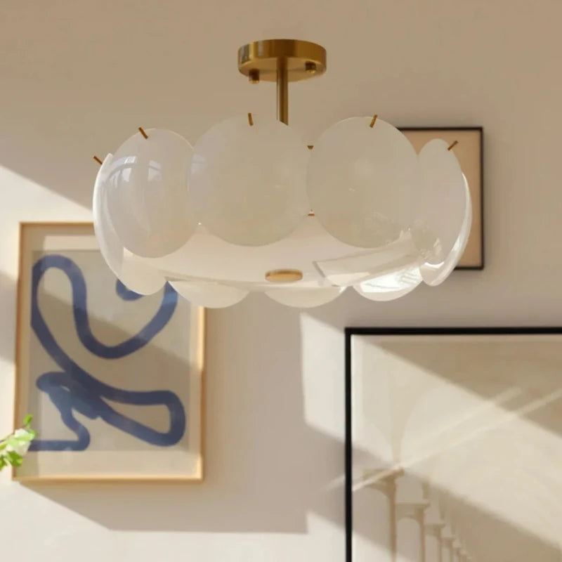 lampe suspendue moderne blanc doré sphères translucides lumière neutre chaude blanche