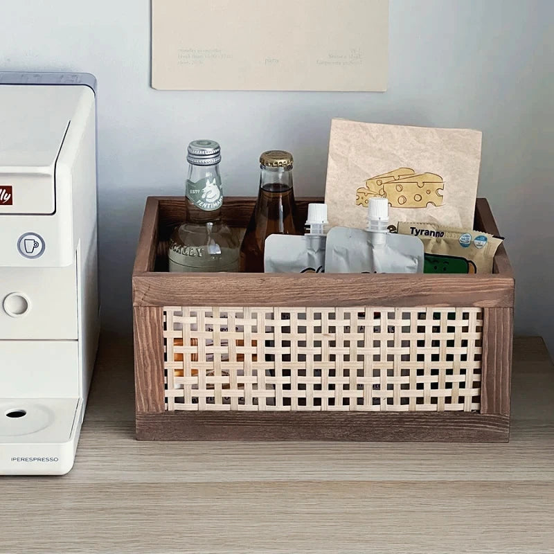 panier rangement bois marron tissu géométrique moderne rustique pliable
