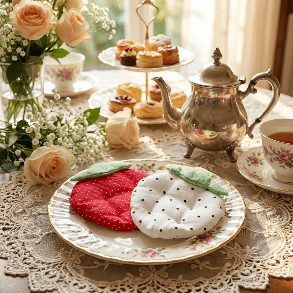 coussin protection tasse moderne pois blanc feuille verte rouge blanc rose