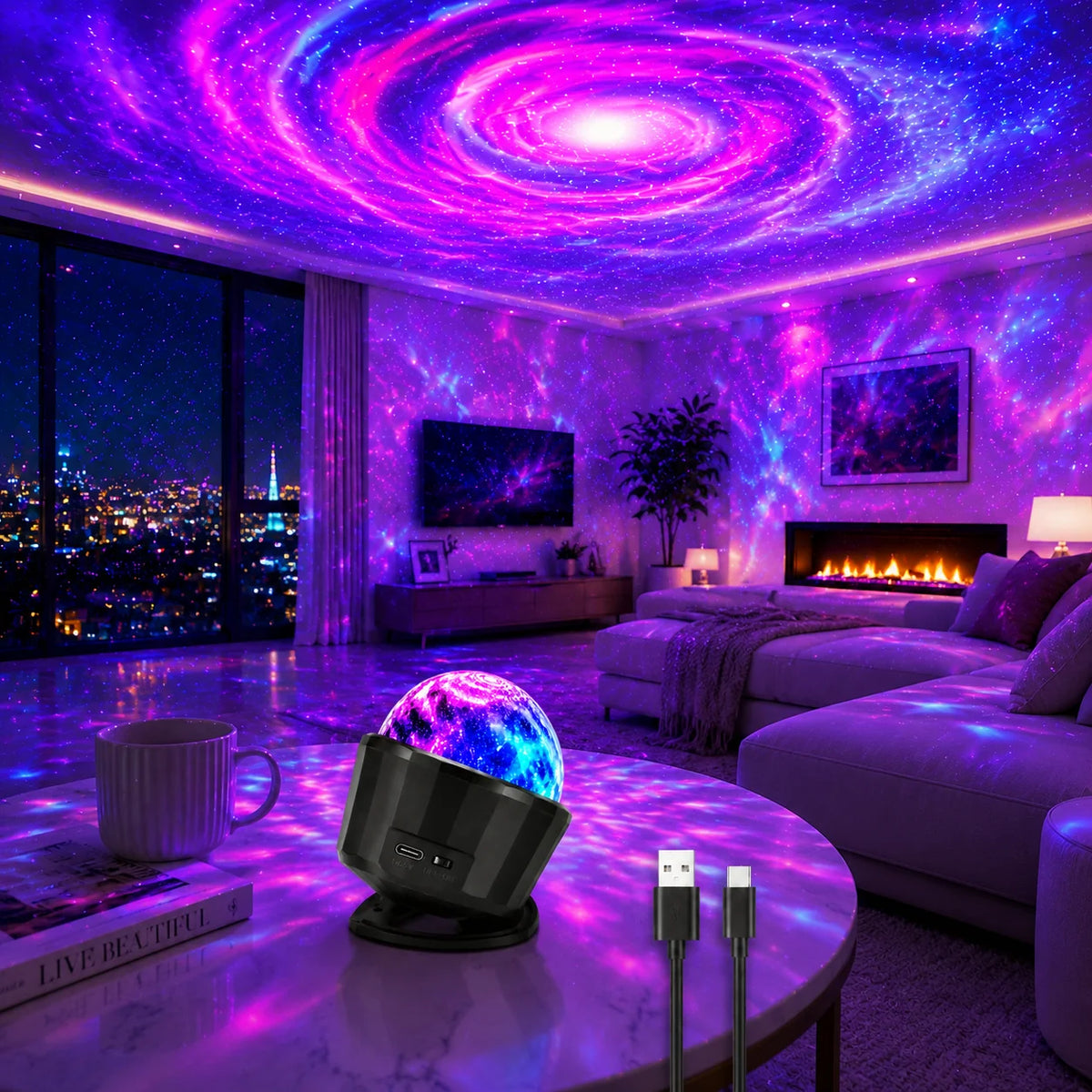 projecteur led galaxie étoiles veilleuse chambre noir violet bleu rose blanc moderne minimaliste