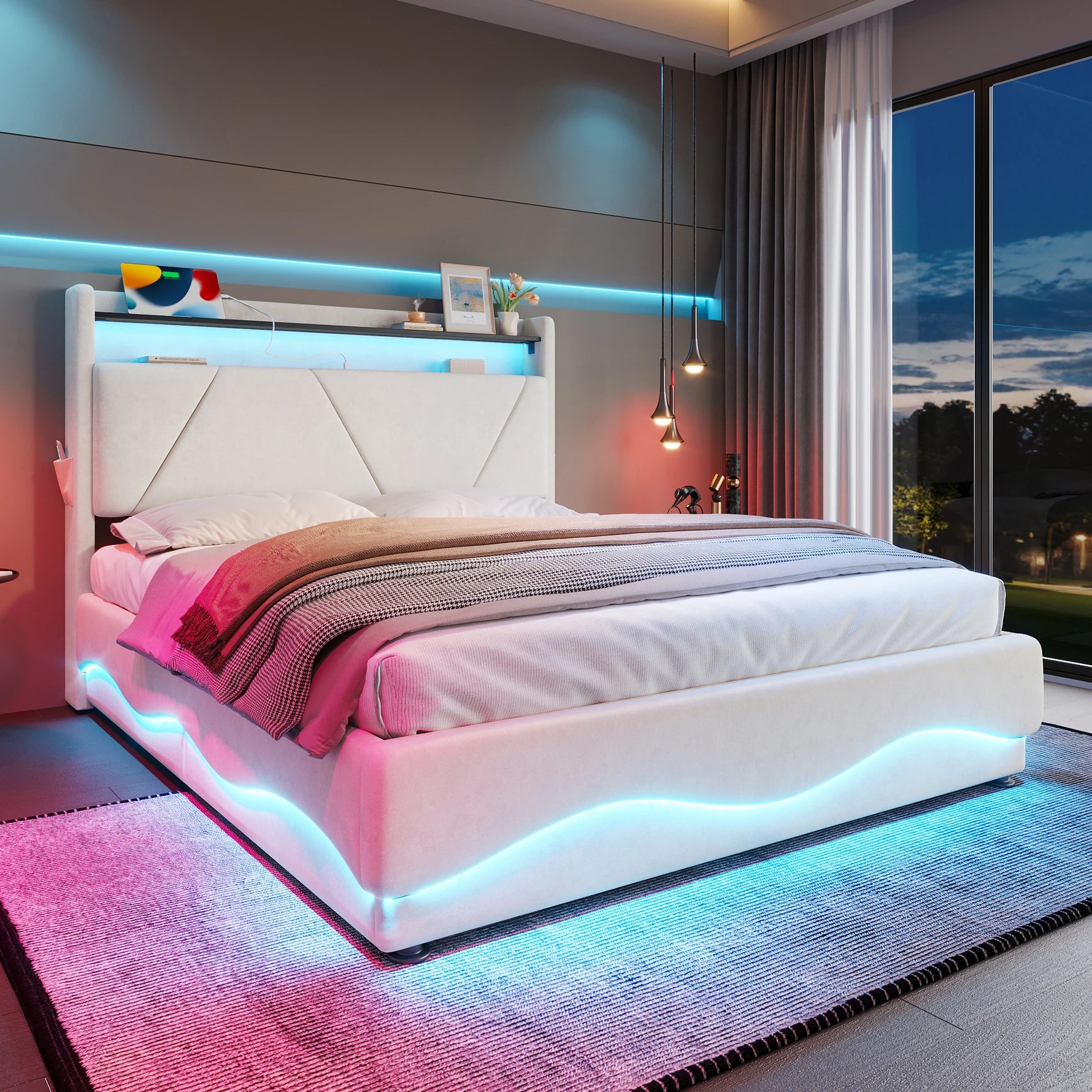Éclairage LED en forme de vague sur les côtés du lit en mode veille