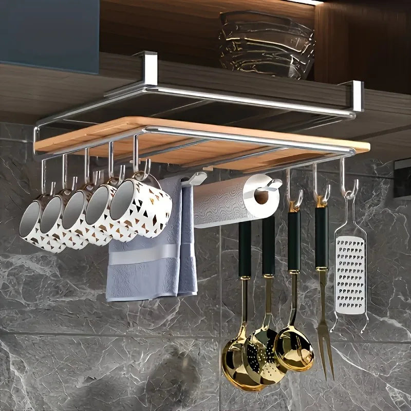 organisateur suspendu multifonctionnel cuisine argente bois clair marbre moderne minimaliste ustensiles rangement tasses bouteilles